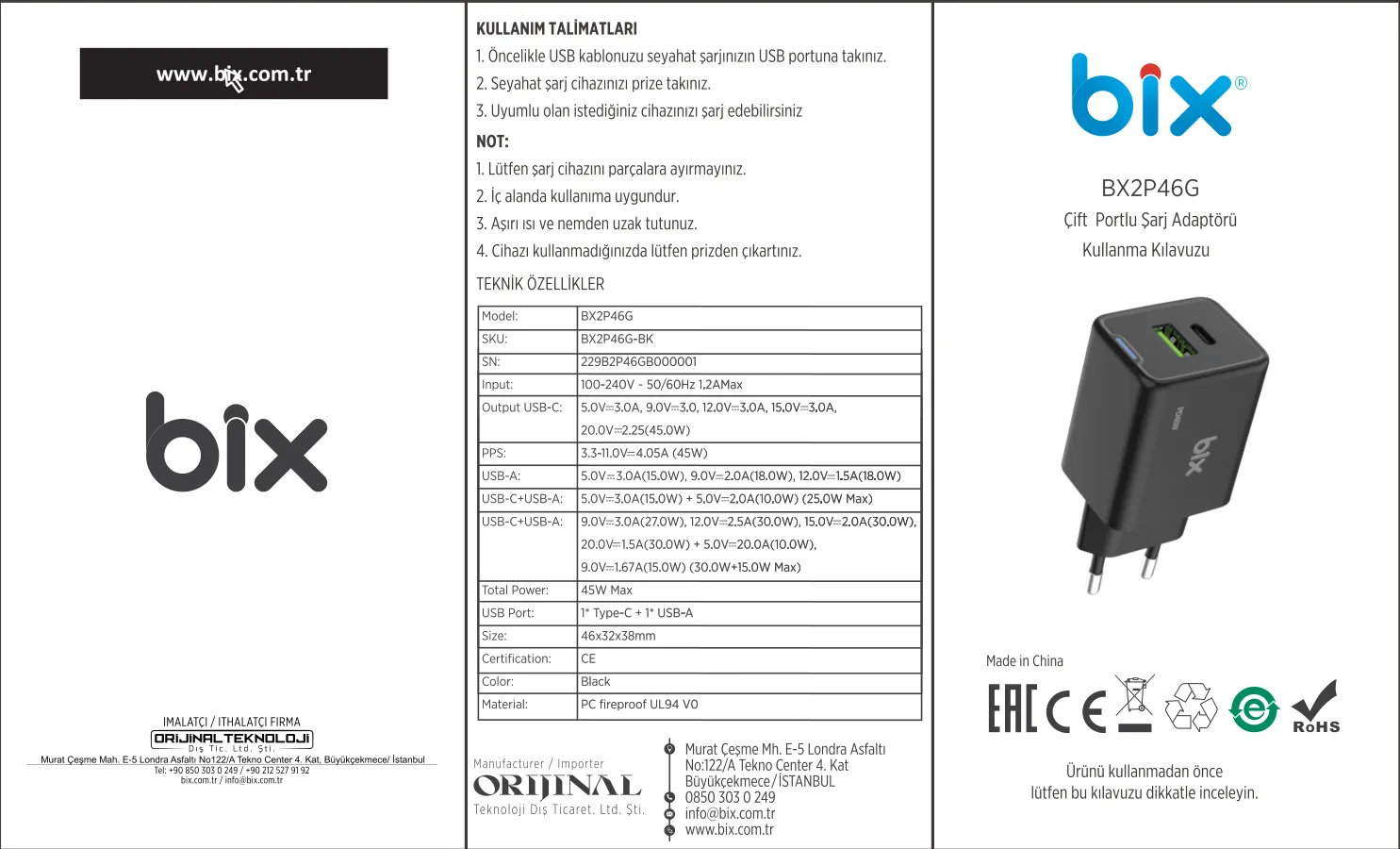 BX2P46G GaN PD 45W Type-C ve USB-A QC 18W Çift Portlu kullanım kılavuzu — sayfa 1