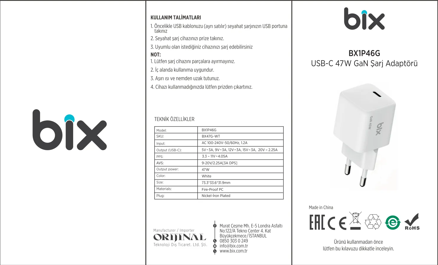 BX1P46G GaN Teknolojili iPhone & Android Uyumlu 47W kullanım kılavuzu — sayfa 1