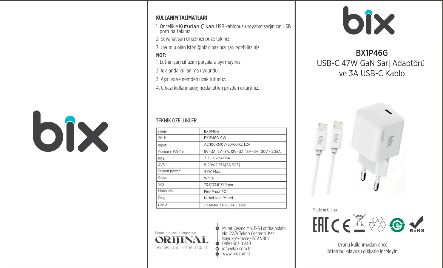 BX1P46G GaN 47W Type-C PPS/AVS Destekli Hızlı Şarj kullanım kılavuzu — sayfa 1