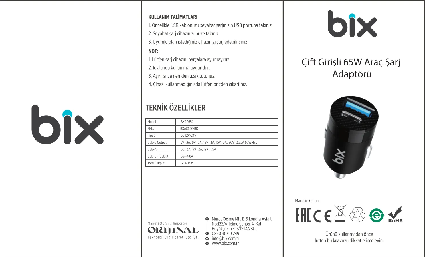 BXAC65C 65W PD Type-C & USB-A Çift Portlu Şarj kullanım kılavuzu — sayfa 1