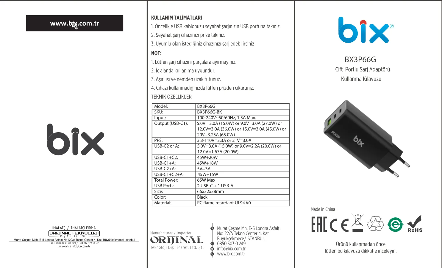 BX3P66G GaN 65W 2*Type-C PD 3.0 ve USB-A QC Üç Portlu kullanım kılavuzu — sayfa 1