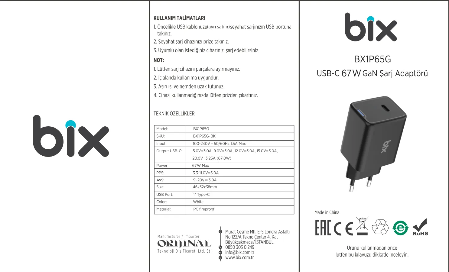 BX1P65G GaN 67W Type-C PD Akım Korumalı ve LED kullanım kılavuzu — sayfa 1