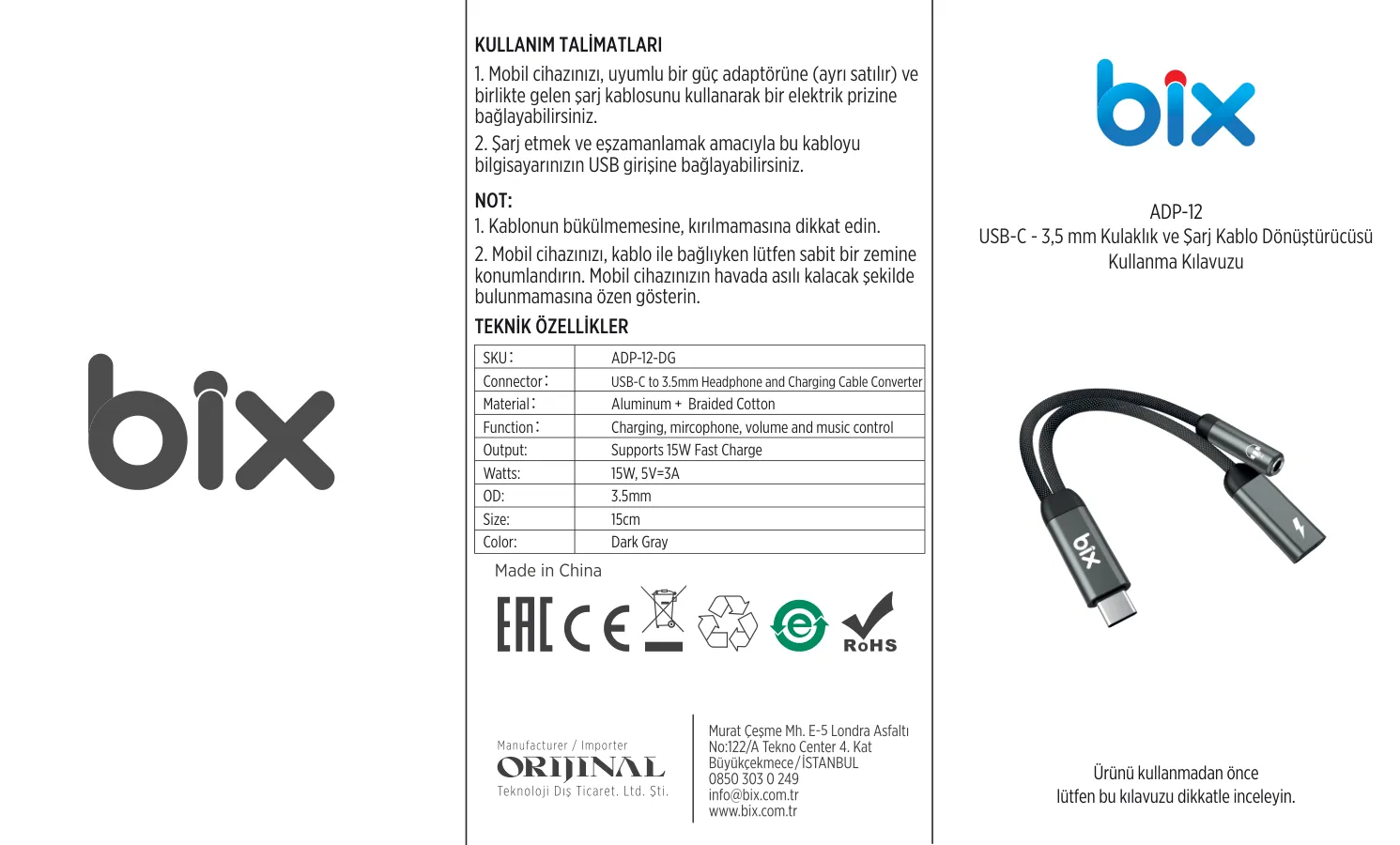 ADP-12 Type-C to 3.5mm Kulaklık ve 15W Dönüştürücü kullanım kılavuzu — sayfa 1