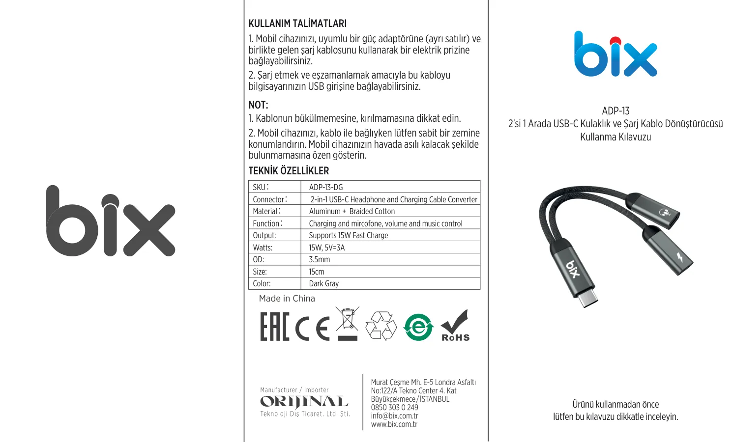 ADP-13 Type-C to Çift Type-C Kulaklık ve 15W Hızlı Şarj kullanım kılavuzu — sayfa 1