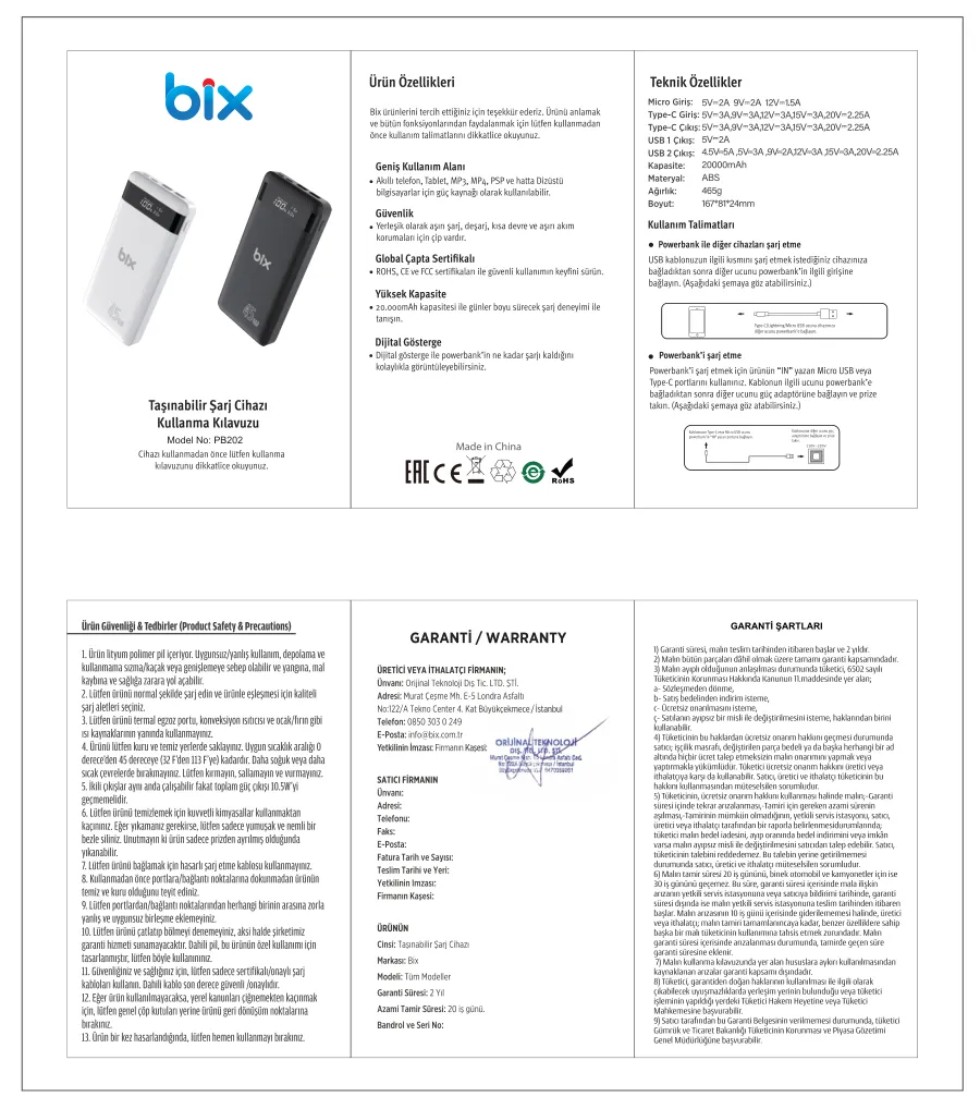PB202 20000mAh 45W PD Laptop Şarj Edebilen Üç PowerBank kullanım kılavuzu — sayfa 1