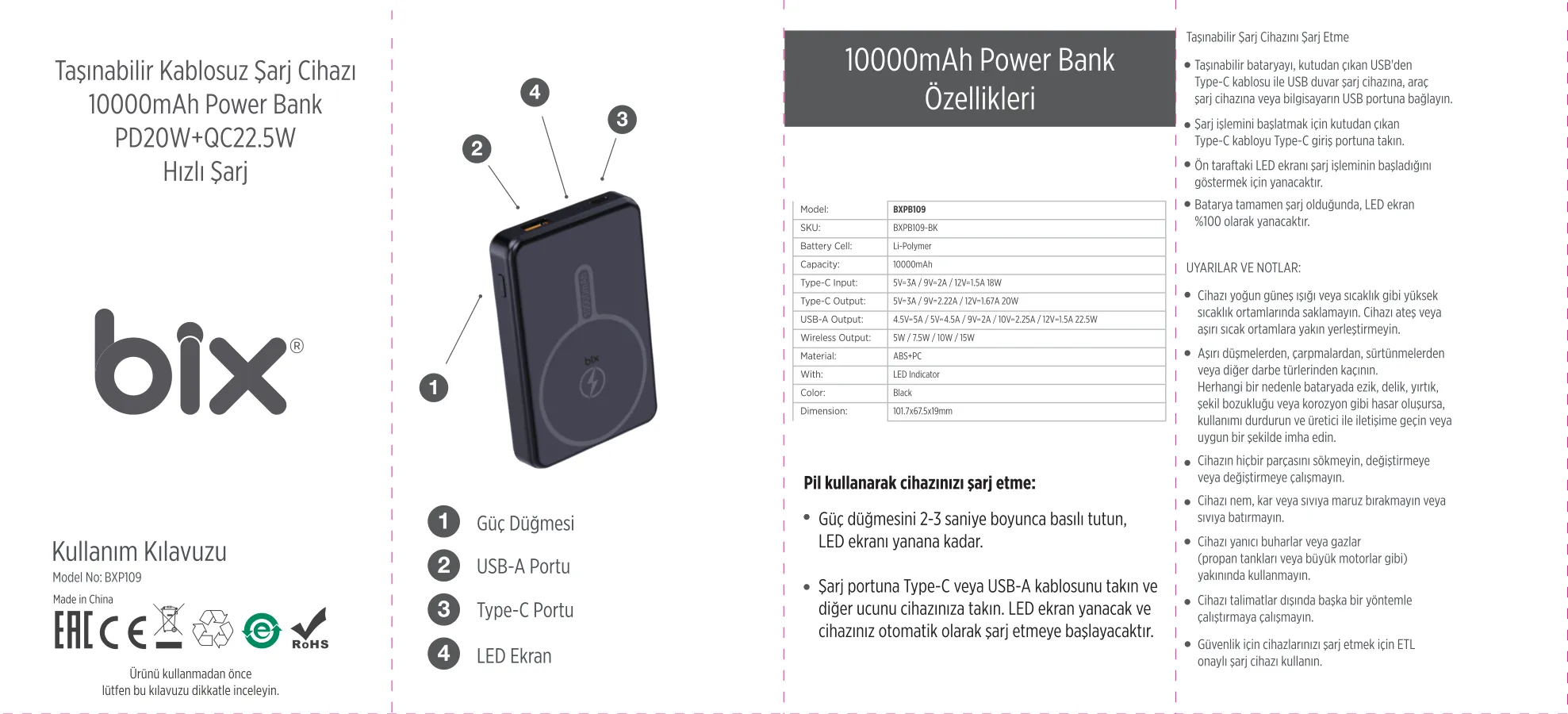 PB109 10000mAh Type-C PD20W USB-A QC 22.5W ve 15W kullanım kılavuzu — sayfa 1