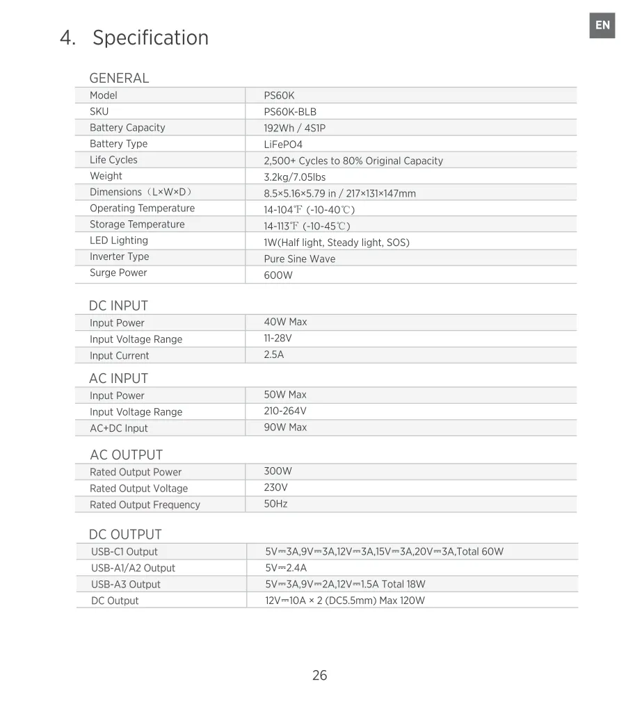 PS60K 192Wh 300W 230V 50Hz Saf Sinüs Taşınabilir Power kullanım kılavuzu — sayfa 27