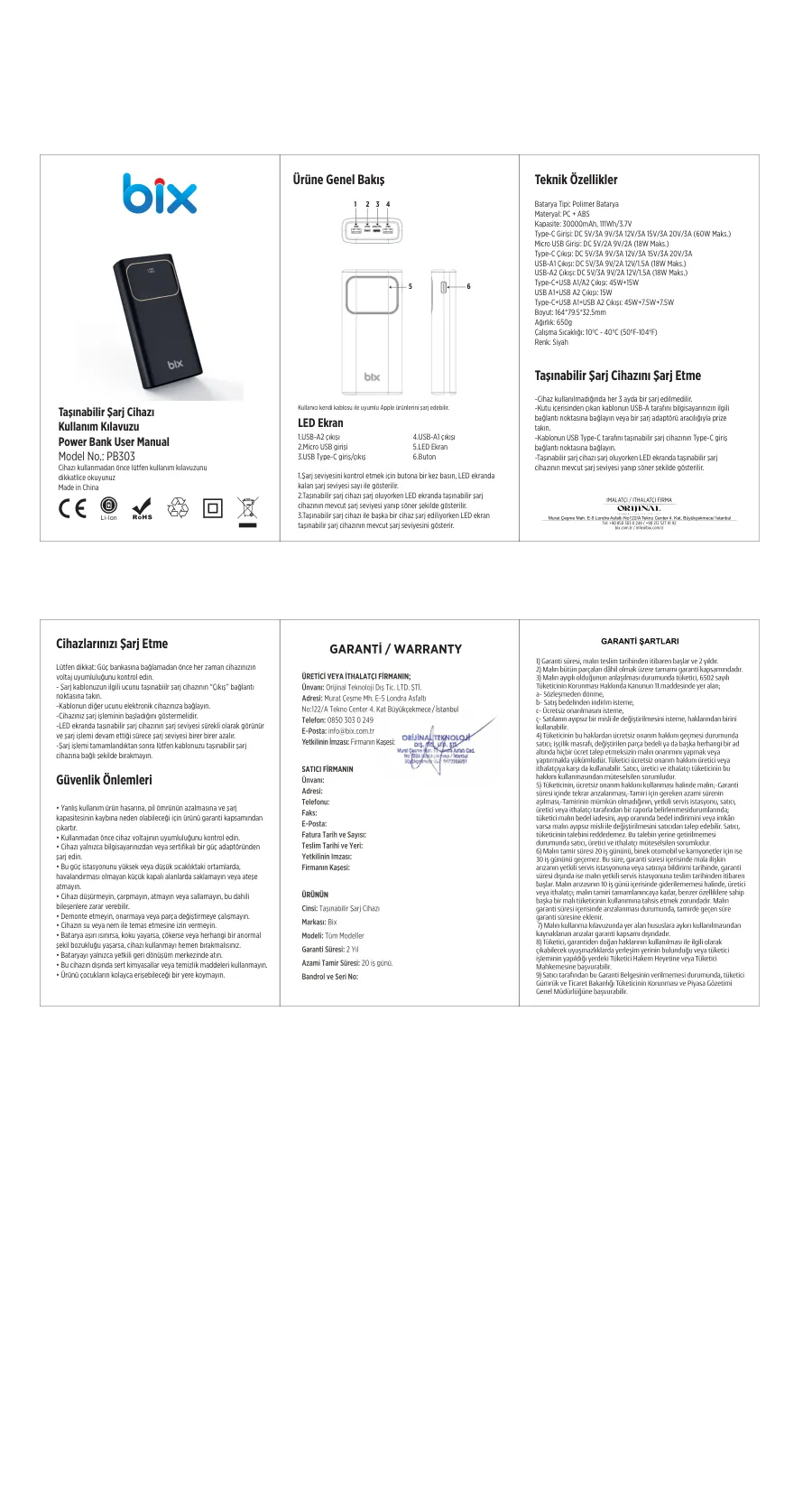PB303 30000mAh 60W 2*USB-A ve Type-C PD Üç Powerbank kullanım kılavuzu — sayfa 1