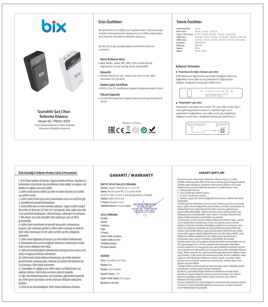 PB301 65W 30000mAh Üç Çıkışlı 65W QC 3.0 Powerbank kullanım kılavuzu — sayfa 1