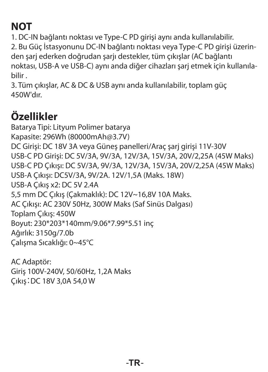 PS80K 80000mAh 296Wh 300W AC Priz, 3*USB-A, 45W Type-C kullanım kılavuzu — sayfa 3