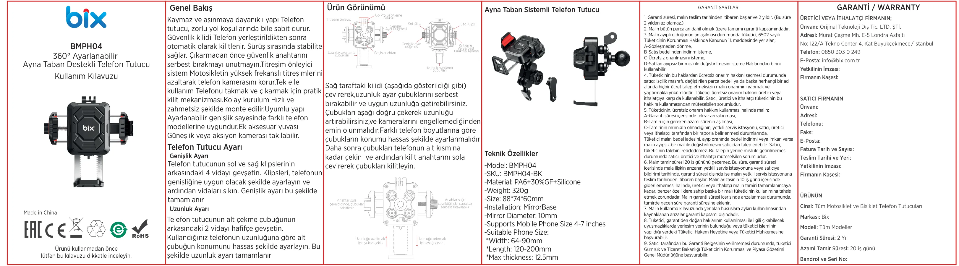 BMPH04 Ayna Bağlantılı 360° Derece Ayarlanabilir 4”-7” kullanım kılavuzu — sayfa 1