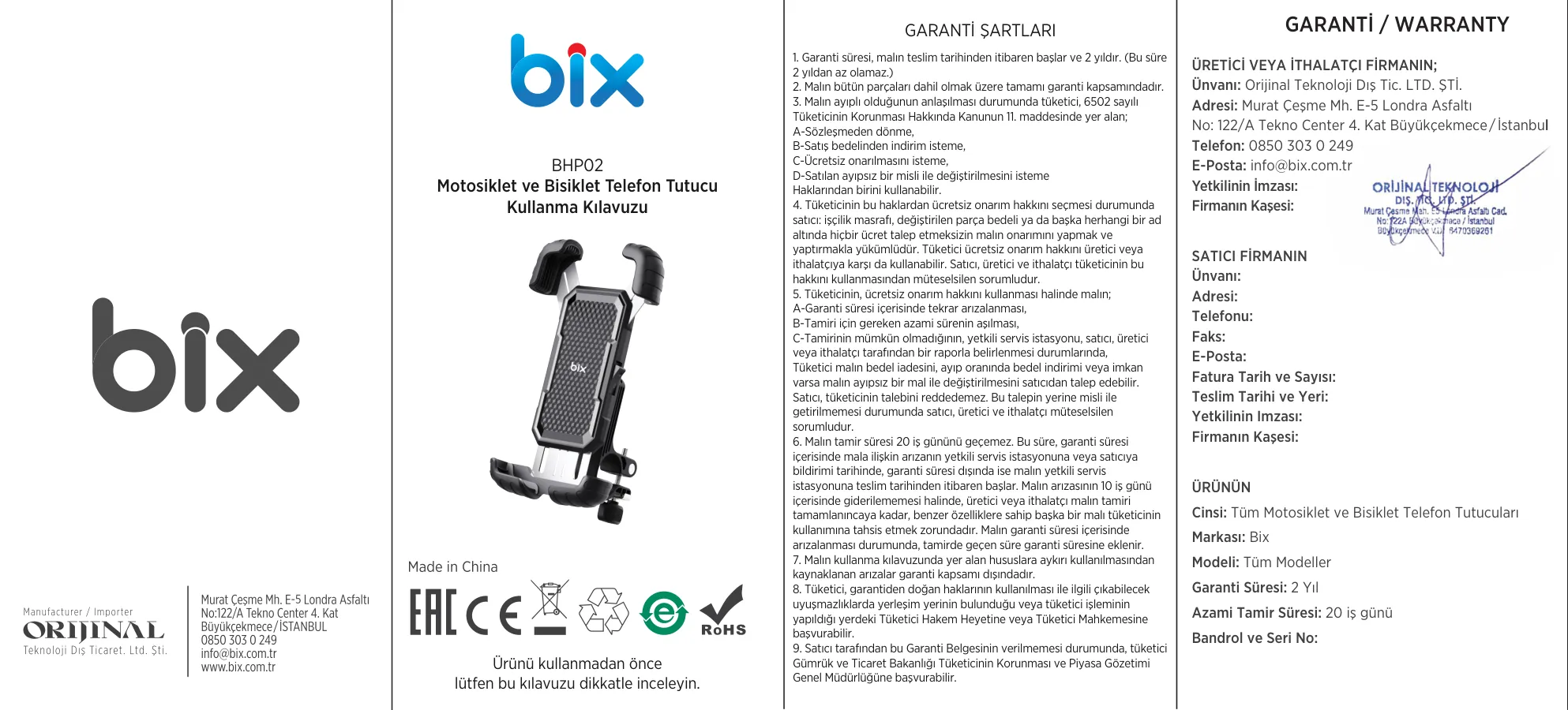 BPH02 360° Derece Ayarlanabilen Gidon Bağlantılı Tutucu kullanım kılavuzu — sayfa 1