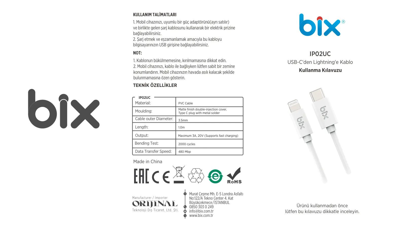 IP02UC 60W USB-C to Lightning Şarj ve Data Kablosu kullanım kılavuzu — sayfa 1