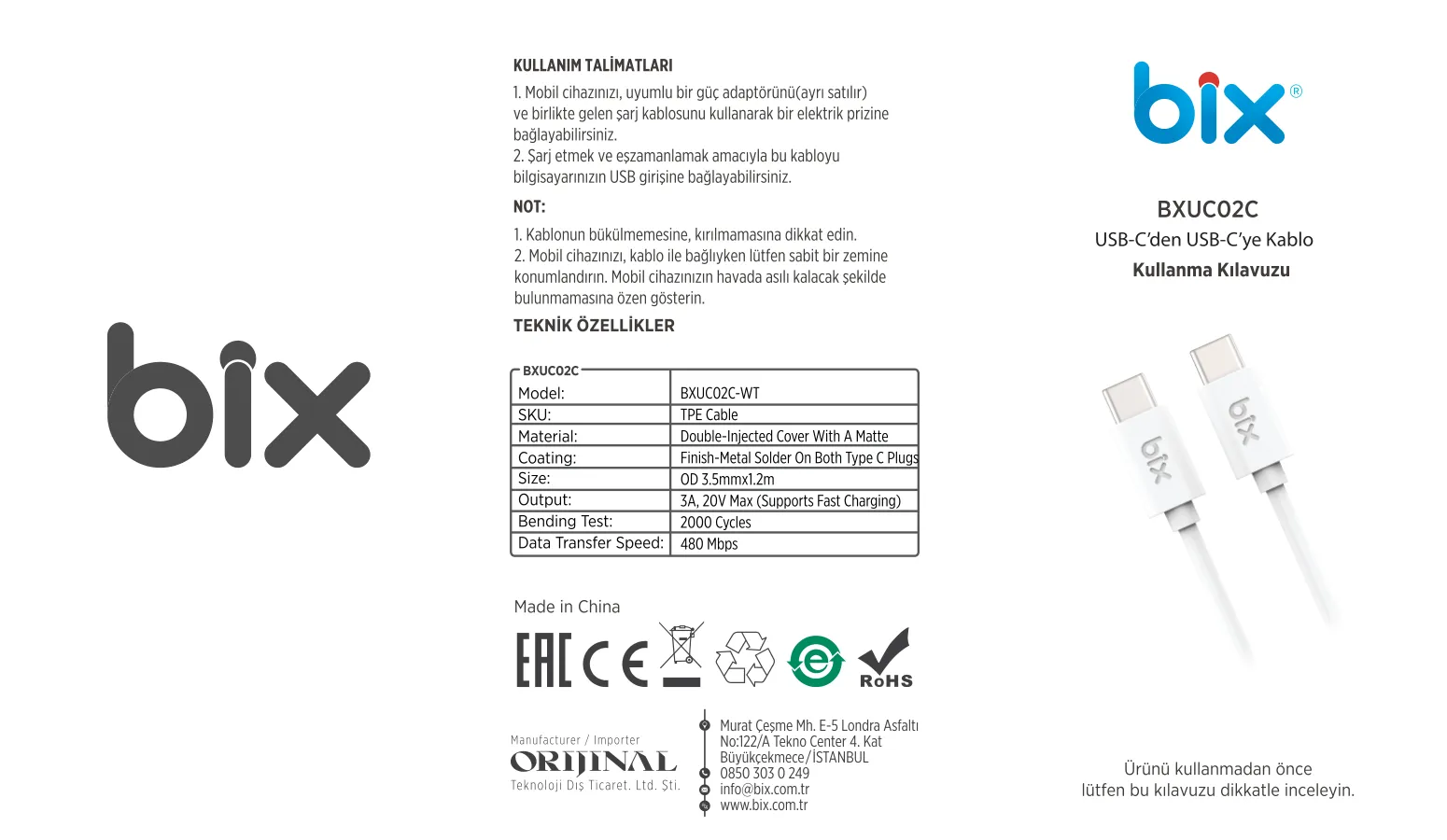 BXUC02C 60W Type-C To Type-C Hızlı Şarj Ve Data Kablosu kullanım kılavuzu — sayfa 1