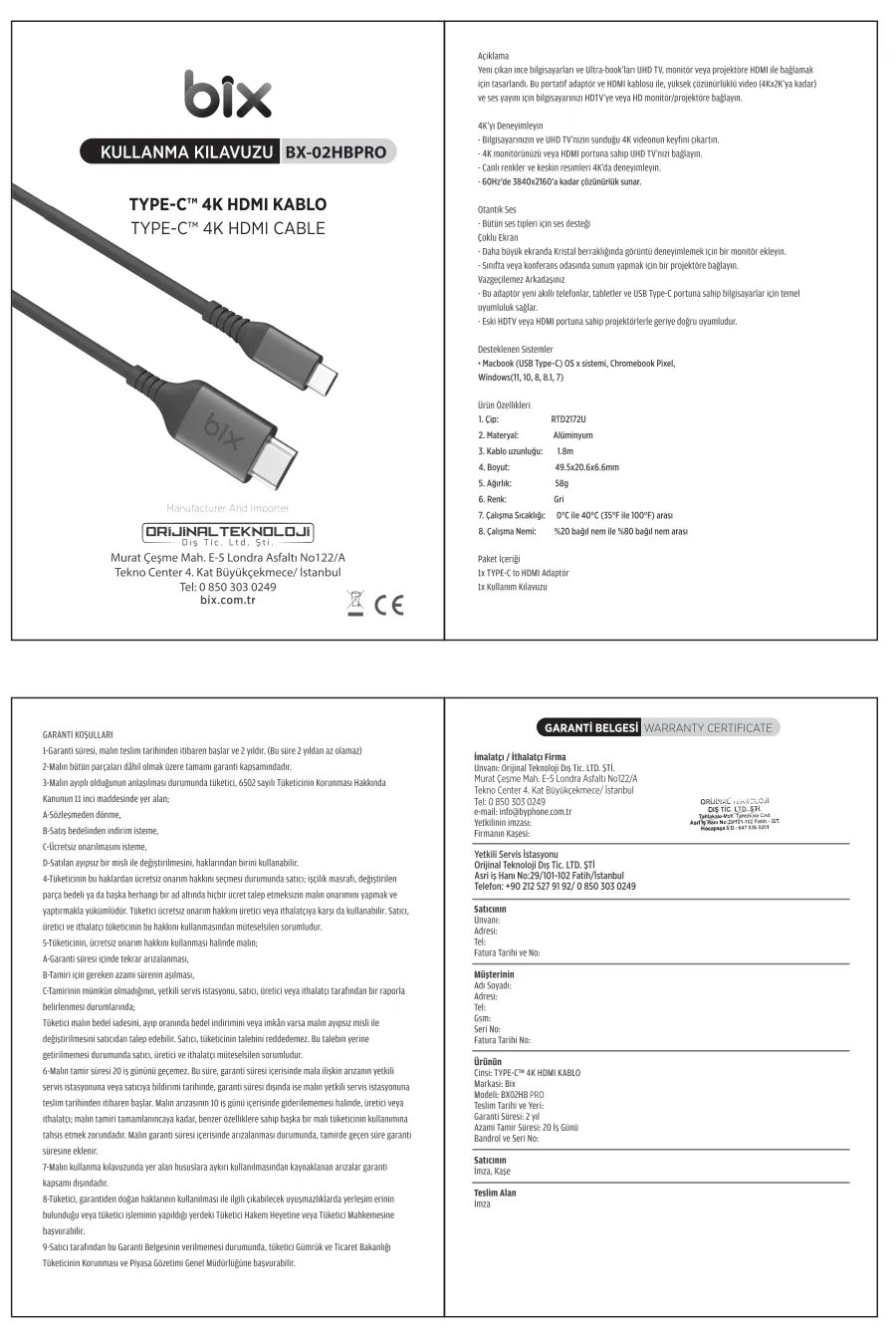 BX02HB PRO 4K 60Hz HDCP Destekli Type-C to HDMI Görüntü kullanım kılavuzu — sayfa 1