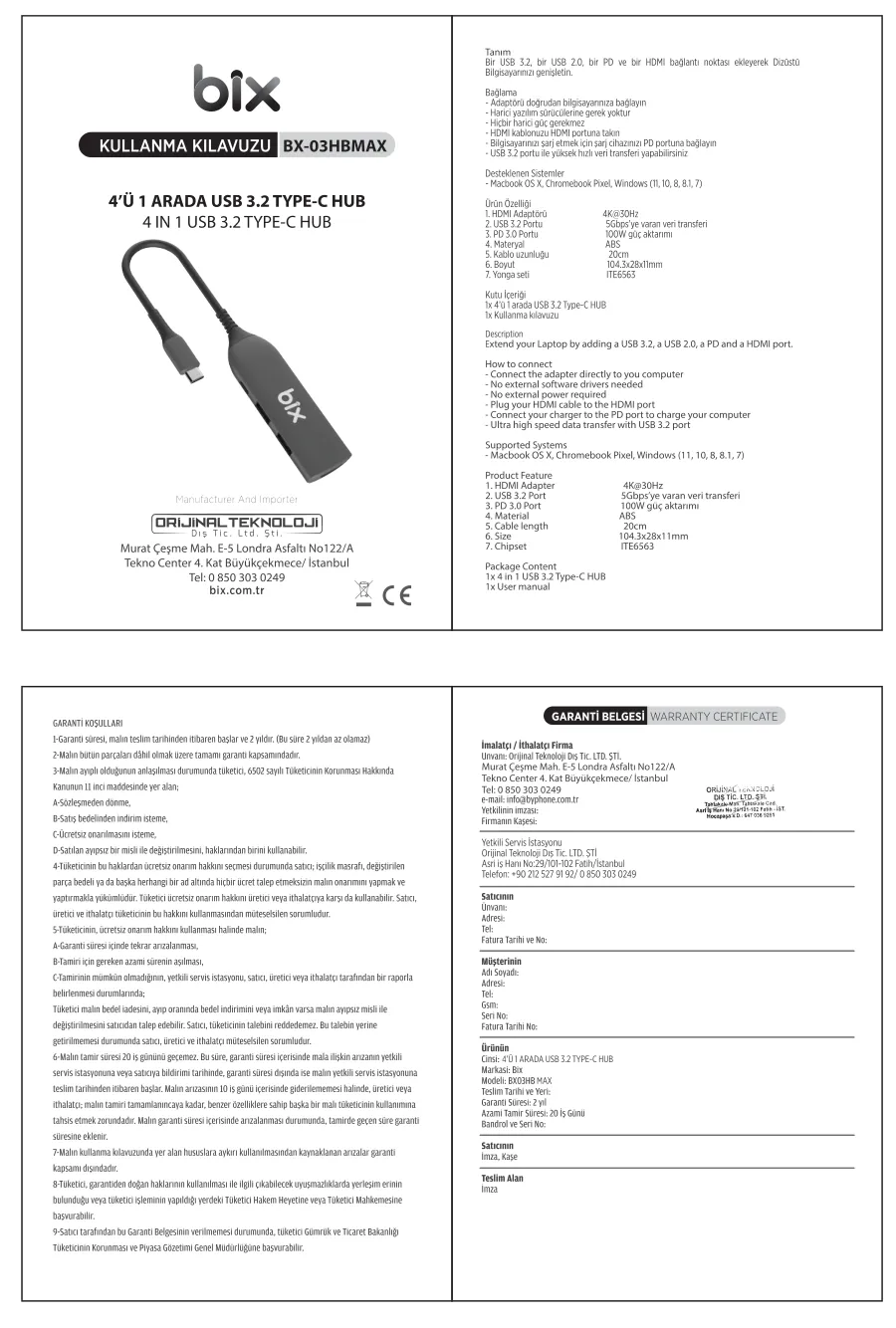BX03HB MAX Type-C to 4K HDMI Ethernet USB PD kullanım kılavuzu — sayfa 1