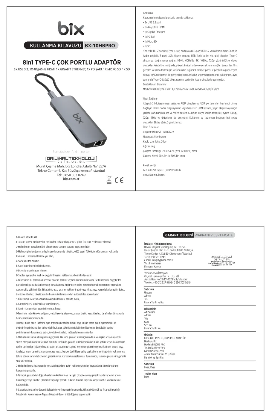 BX10HB-PRO Type-C Kart Okuyucu 4K/60Hz HDMI 1000Mbps kullanım kılavuzu — sayfa 1