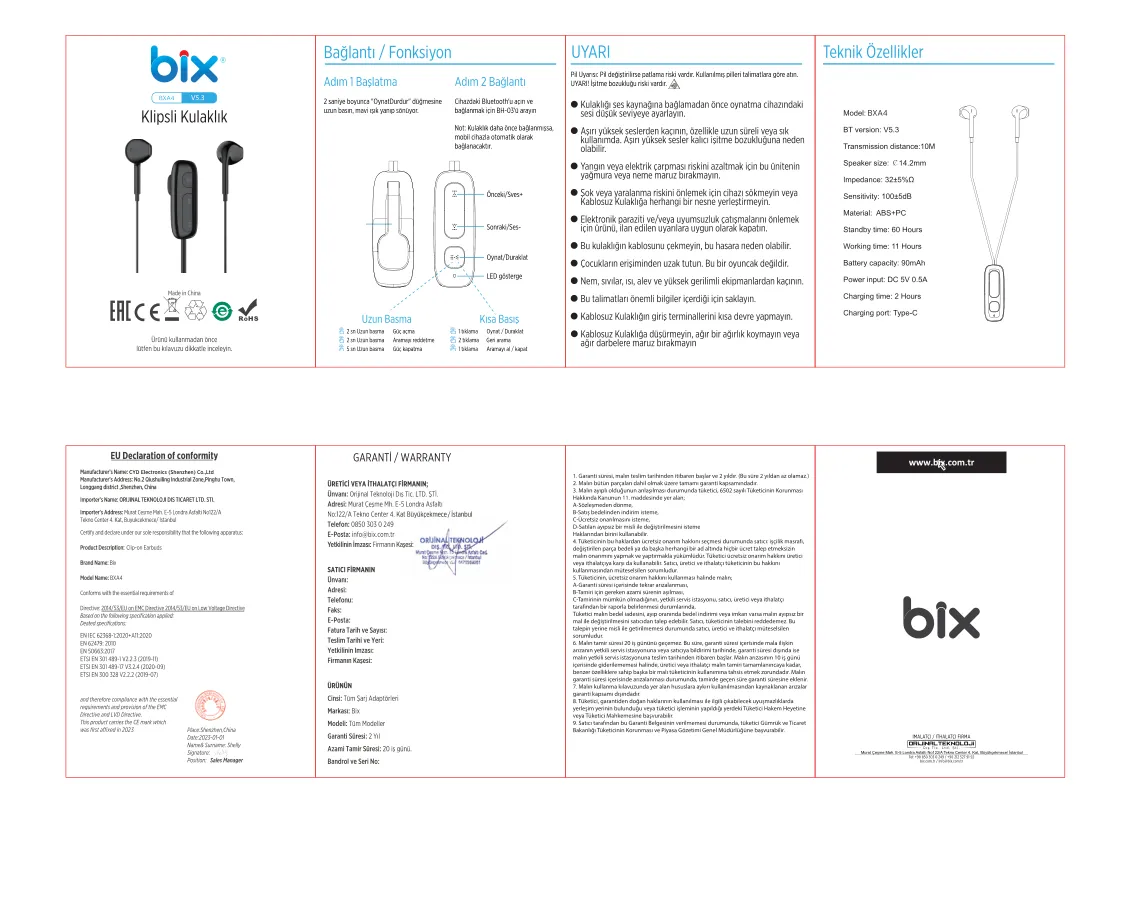 BXA4 Klipsli Bluetooth 5.3 TWS Mikrofonlu Kulak içi kullanım kılavuzu — sayfa 1