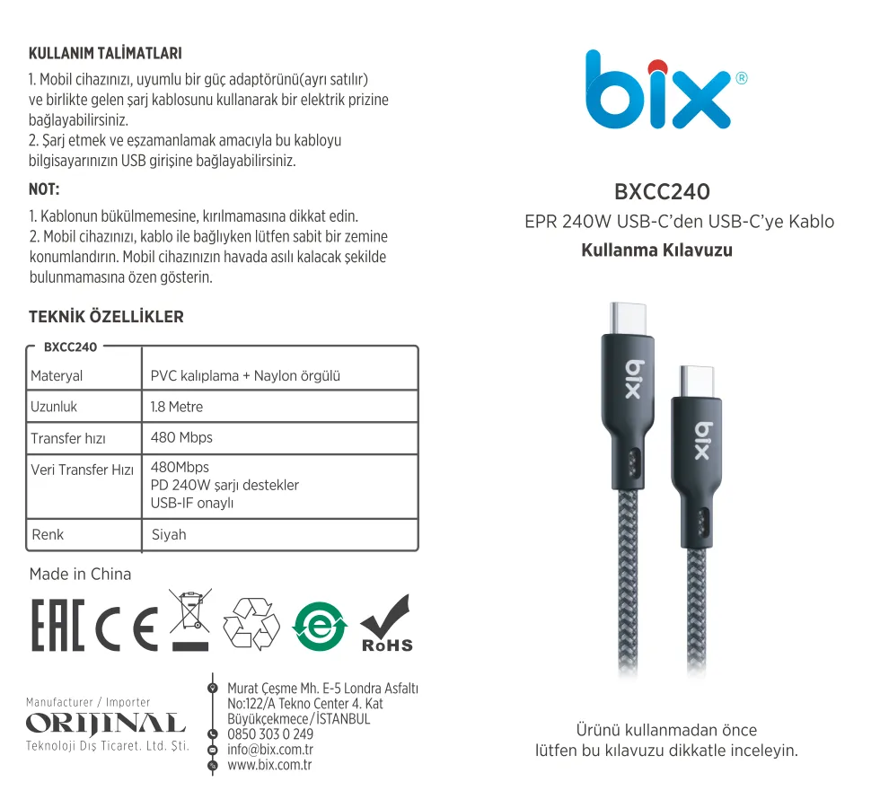 BXCC240 Type-C to Type-C 240W 480Mbps Hi-Speed Kablosu kullanım kılavuzu — sayfa 1