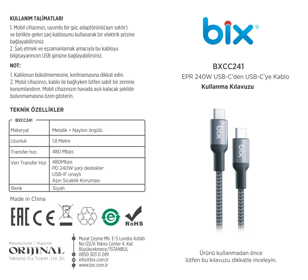 BXCC241 Type-C to Type-C 240W USB-IF Metal Kablosu kullanım kılavuzu — sayfa 1