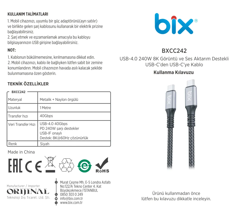 BXCC242 USB4 Thunderbolt 3/4 Uyumlu USB-C IF Kablosu kullanım kılavuzu — sayfa 1