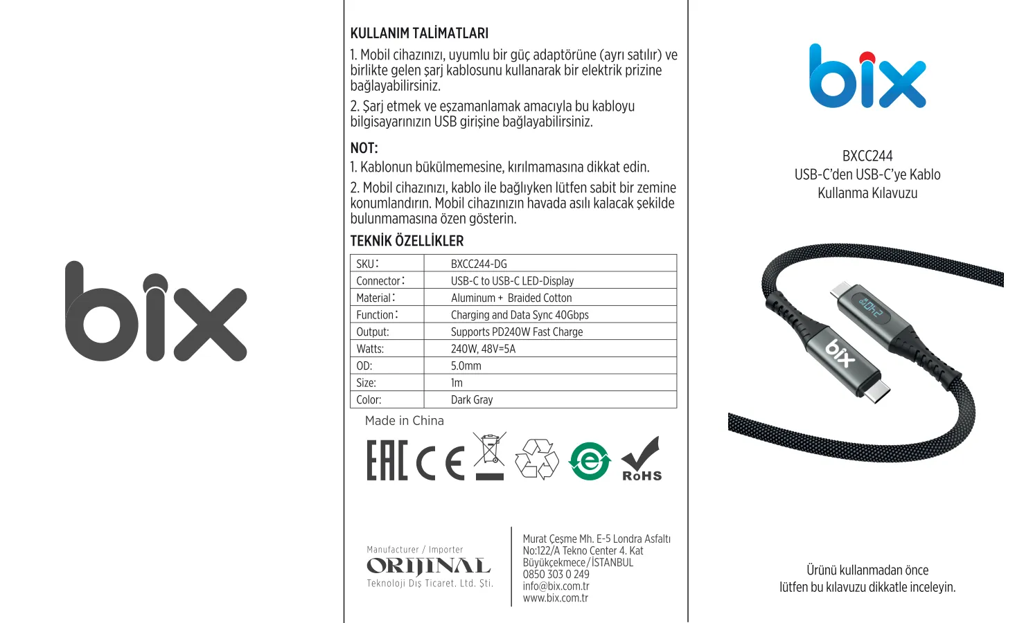 BXCC244 USB4 Thunderbolt 4/3 Uyumlu PD 240W Kablosu kullanım kılavuzu — sayfa 1