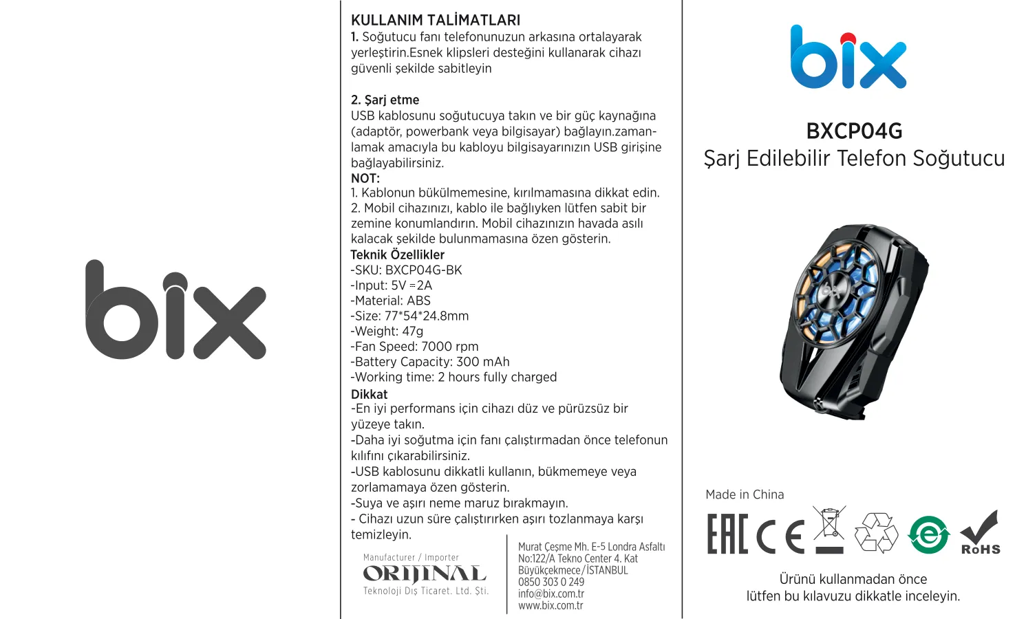 BXCP04G Sessiz ve Güçlü Telefon Soğutucu Fan Bataryalı kullanım kılavuzu — sayfa 1