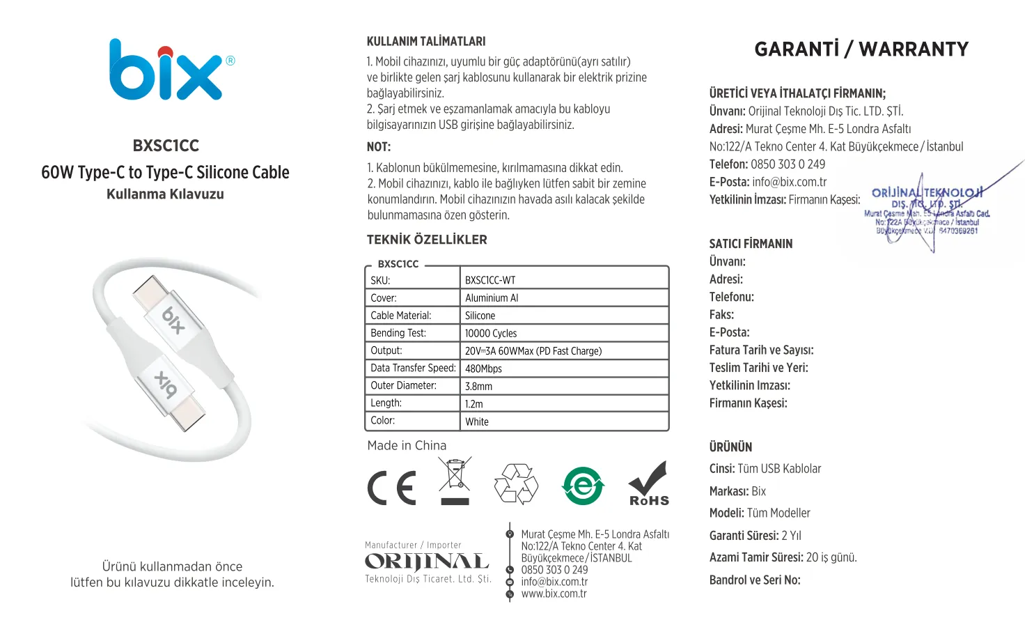 BXSC1CC 60W Type-C to Type-C Silikon Şarj ve Data kullanım kılavuzu — sayfa 1