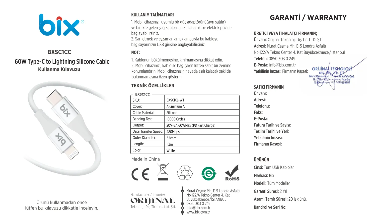 BXSC1CL 60W Type-C to Lightning Silikon Şarj ve Data kullanım kılavuzu — sayfa 1