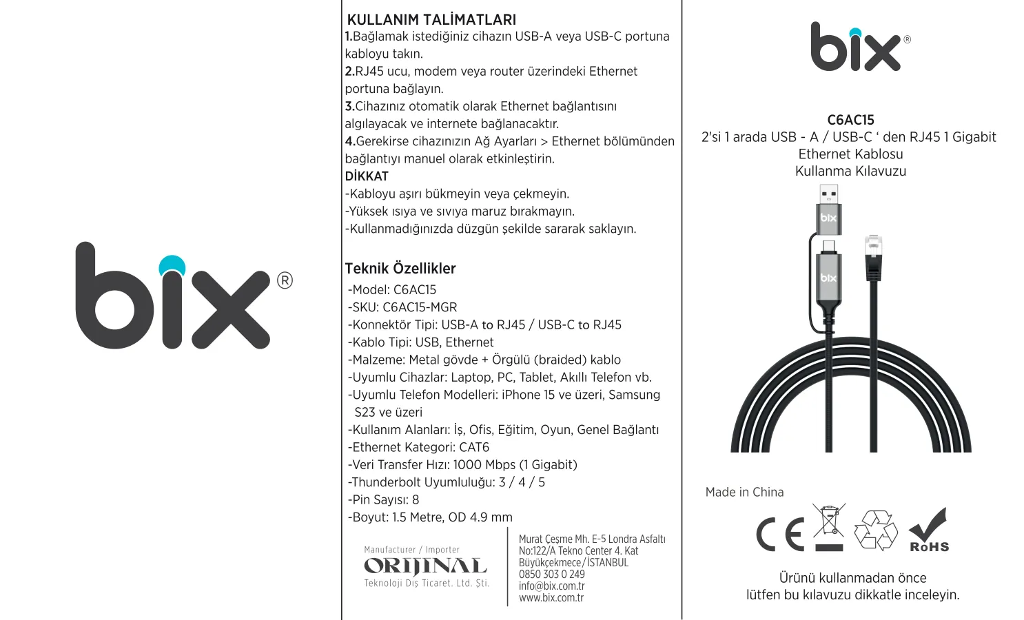 C6AC15 2in1 USB-A & Type-C to RJ45 Ethernet kullanım kılavuzu — sayfa 1