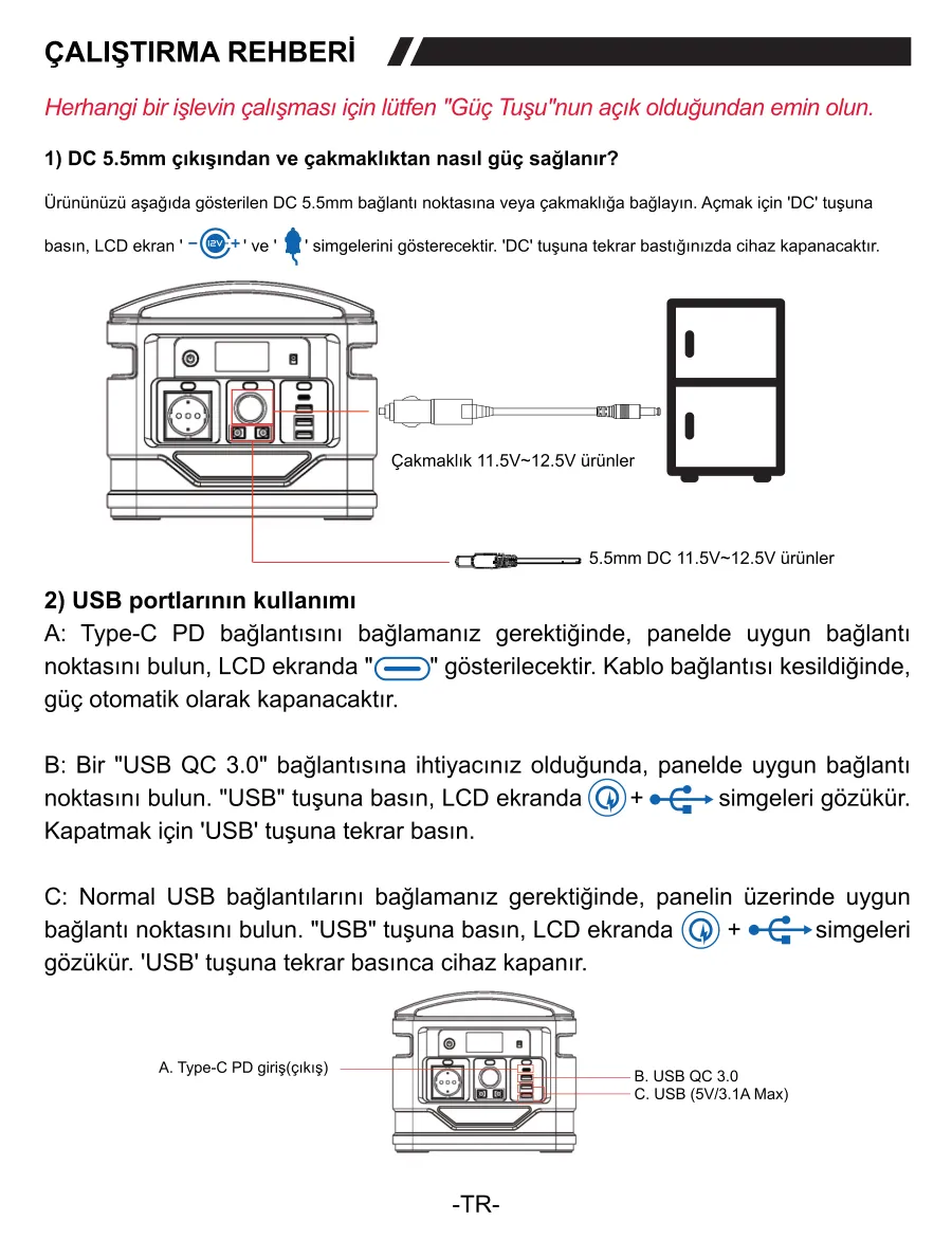 PS140K 140000mAh 518Wh 500W AC Priz, 3*USB-A, 45W kullanım kılavuzu — sayfa 5