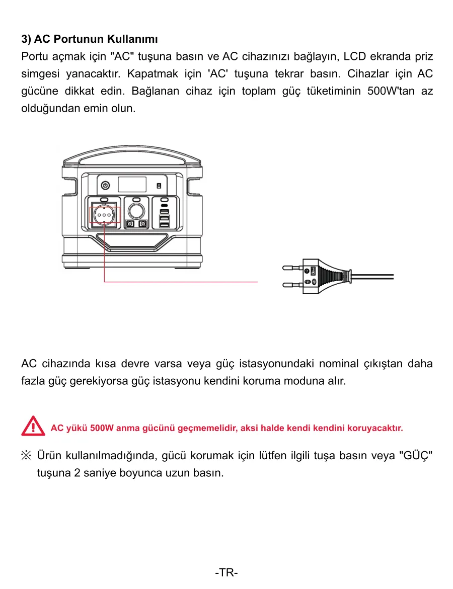 PS140K 140000mAh 518Wh 500W AC Priz, 3*USB-A, 45W kullanım kılavuzu — sayfa 6