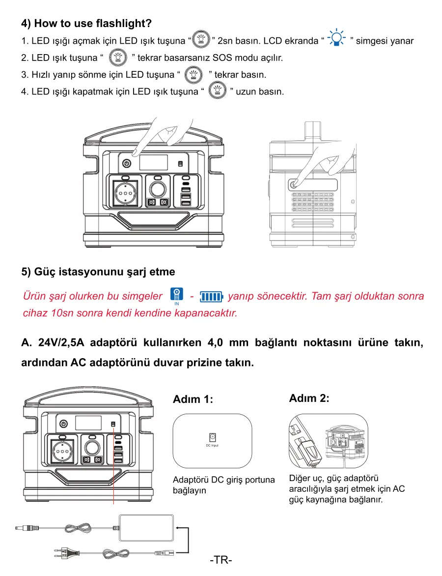 PS140K 140000mAh 518Wh 500W AC Priz, 3*USB-A, 45W kullanım kılavuzu — sayfa 7