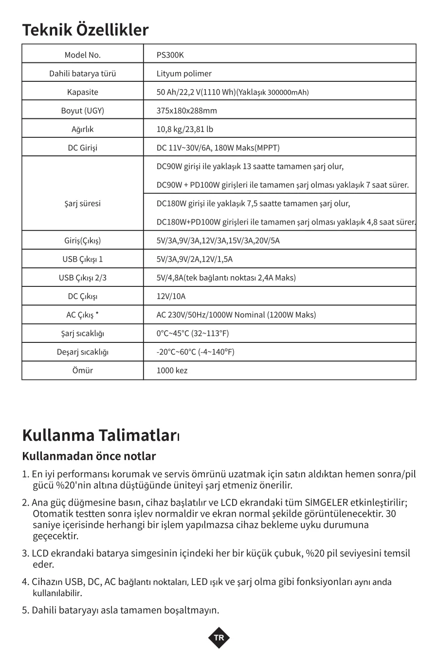 PS300K 300000mAh 1110Wh 1000W AC Priz, 3*USB-A, 100W kullanım kılavuzu — sayfa 4
