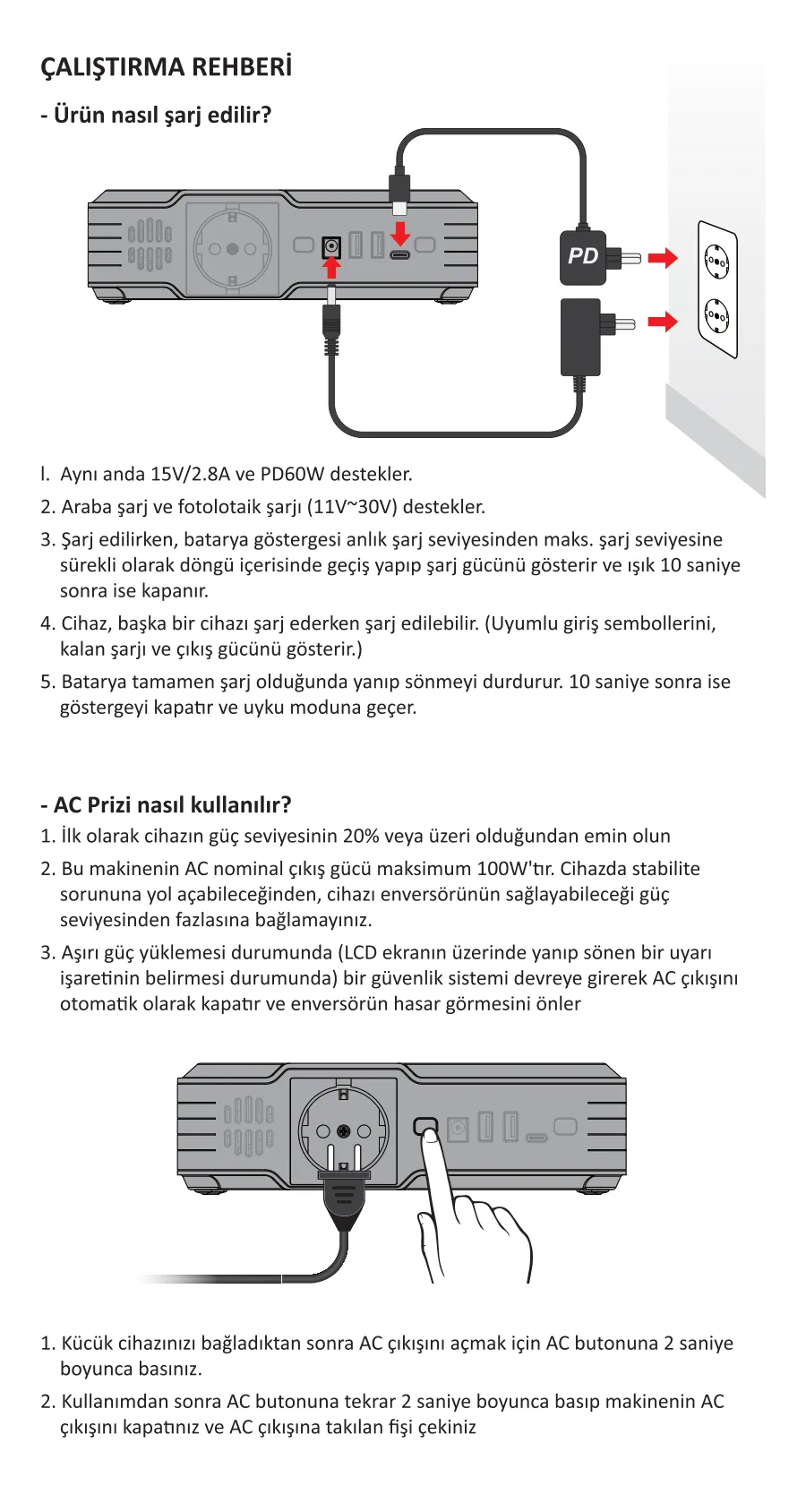 PB401 40000mAh 230V 100W AC Priz, 2*USB-A, 60W Type-C kullanım kılavuzu — sayfa 5