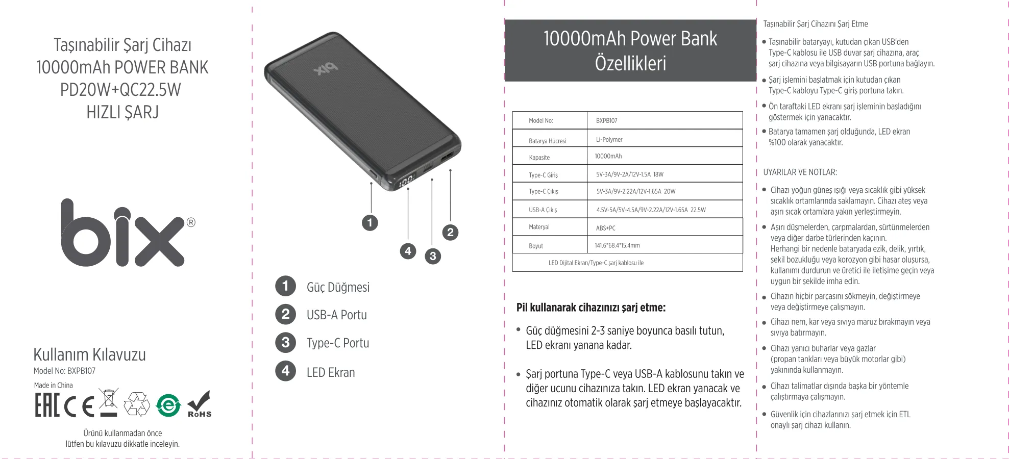 BXPB107 10000mAh 20W PD Type-C ve USB-A SCP Powerbank kullanım kılavuzu — sayfa 1