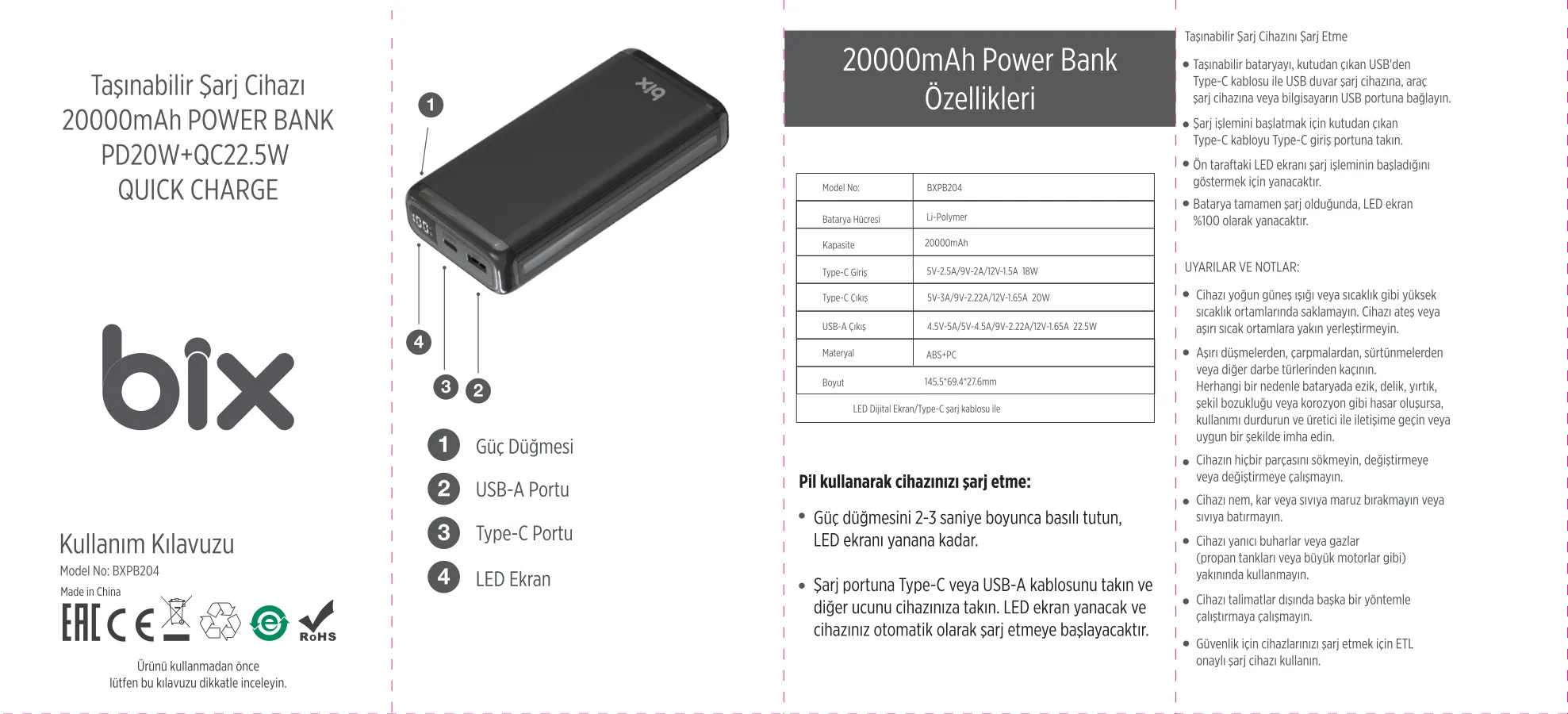 BXPB204 20000mAh USB-A 22.5W ve Type-C PD 20W Powerbank kullanım kılavuzu — sayfa 1
