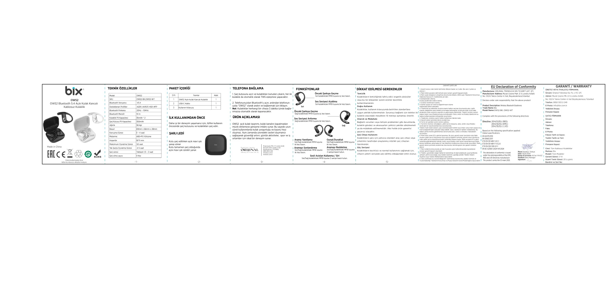 OWS2 Bluetooth 5.4 Stereo Sesli IPX4 Kulaklık kullanım kılavuzu — sayfa 1