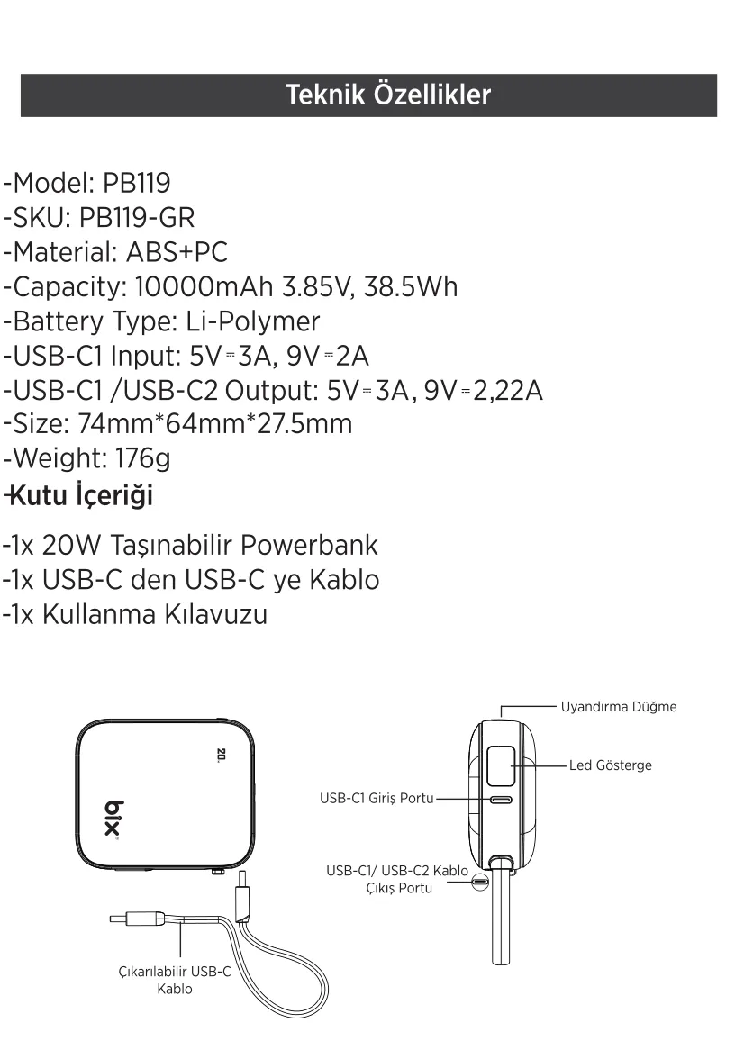 PB119 10000mAh PD 20W Cep Boyu Kompakt Tasarımlı Şarj kullanım kılavuzu — sayfa 3