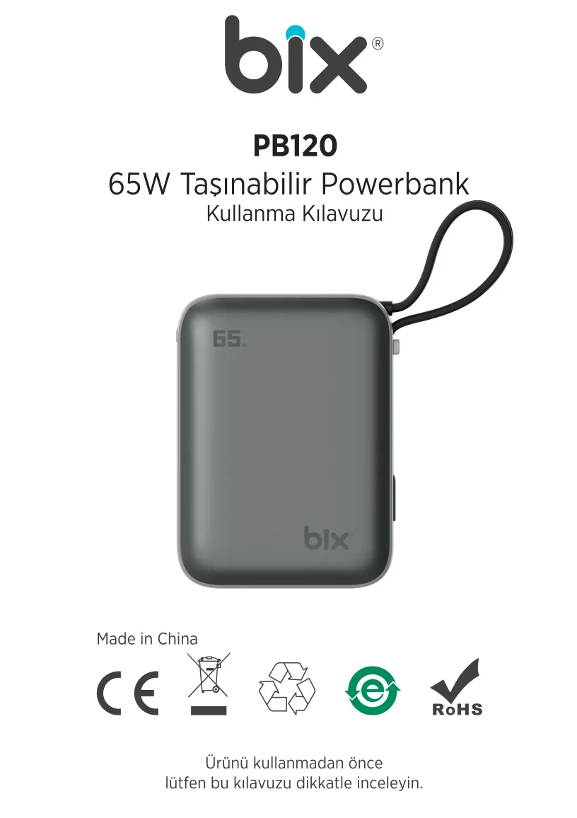PB120 20000mAh PD 65W Cep Boyu Kompakt Tasarımlı Şarj kullanım kılavuzu — sayfa 1