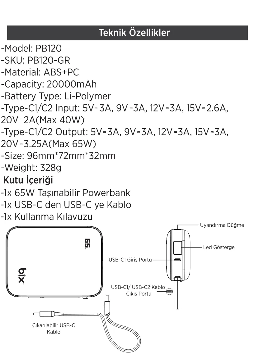 PB120 20000mAh PD 65W Cep Boyu Kompakt Tasarımlı Şarj kullanım kılavuzu — sayfa 3