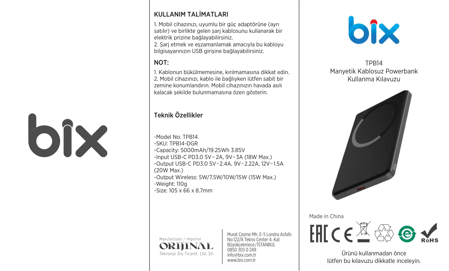 TPB14 5000mAh 15W Kablosuz Hızlı Şarj Destekli 20W kullanım kılavuzu — sayfa 1