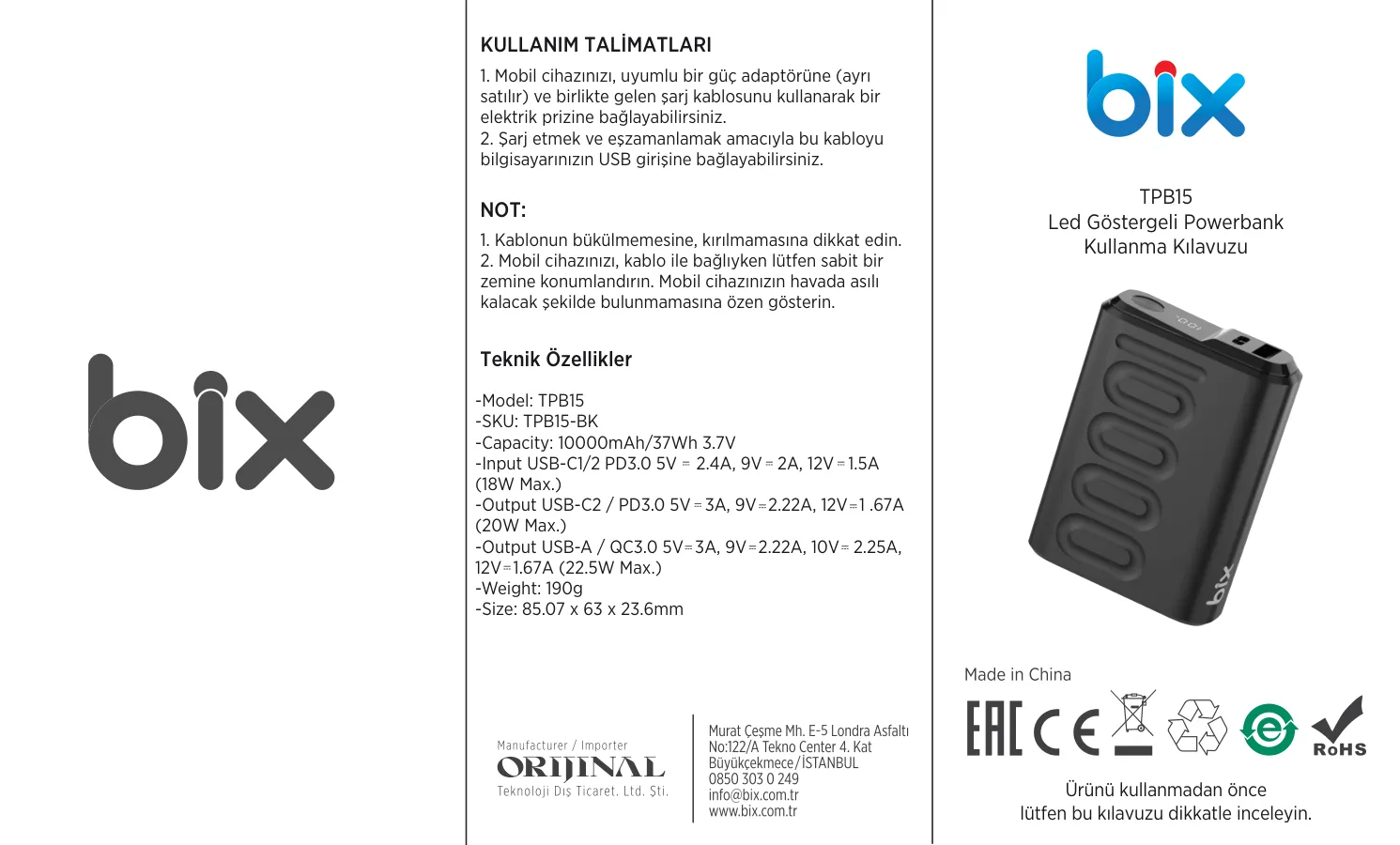 TPB15 10000mAh PD 20W USB-C ve USB-A QC 3.0 Çift Şarj kullanım kılavuzu — sayfa 1