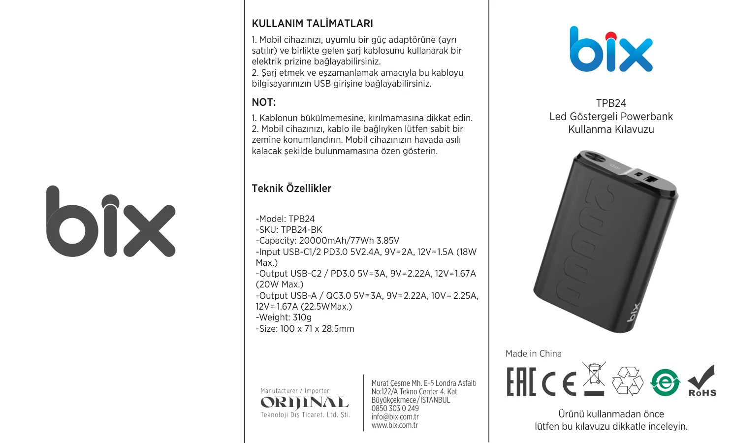 TPB24 20000mAh PD 20W USB-C ve USB-A QC 3.0 Çift Şarj kullanım kılavuzu — sayfa 1