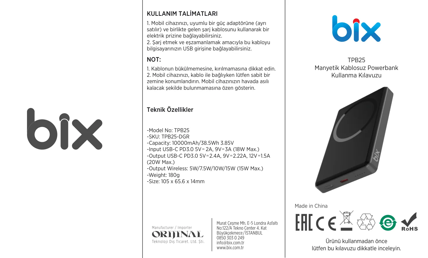 TPB25 10000mAh 15W Kablosuz Hızlı Şarj Destekli 20W kullanım kılavuzu — sayfa 1