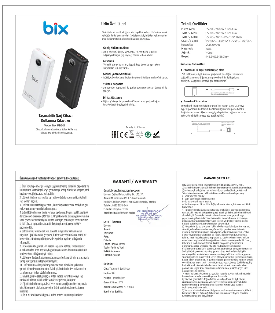 PB201 Üç Portlu 20000mAh 22.5W Hızlı Şarj 4.0 PowerBank kullanım kılavuzu — sayfa 1