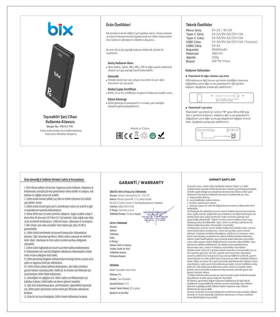 PB101-PD 18W Üç Çıkışlı PD QC 3.0 10000 mAh Powerbank kullanım kılavuzu — sayfa 1