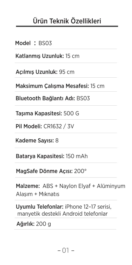 BS03 MagSafe Uyumlu Manyetik Selfie Çubuğu Tripod kullanım kılavuzu — sayfa 2