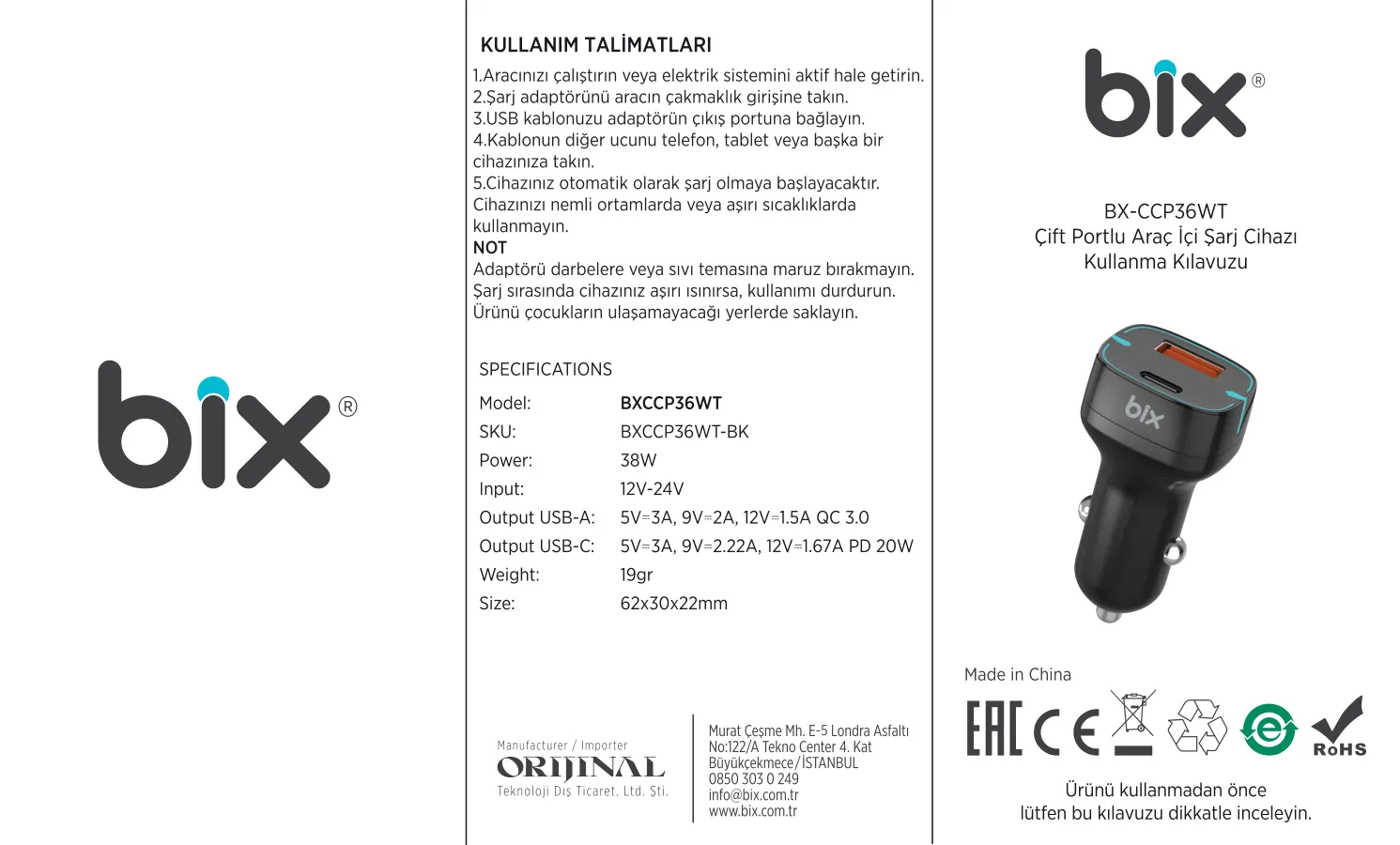 BXCCP36WT 38W Type-C PD 20W ve USB-A QC 3.0 18W Çift kullanım kılavuzu — sayfa 1