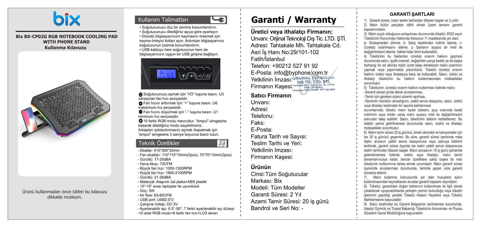 BX-CP02G RGB Aydınlatmalı Gaming Notebook Soğutucu kullanım kılavuzu — sayfa 1